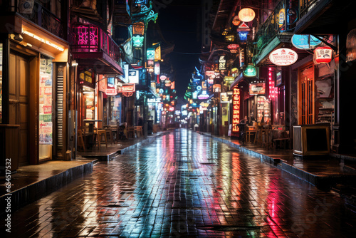 Lively pedestrian street with neon signs. 