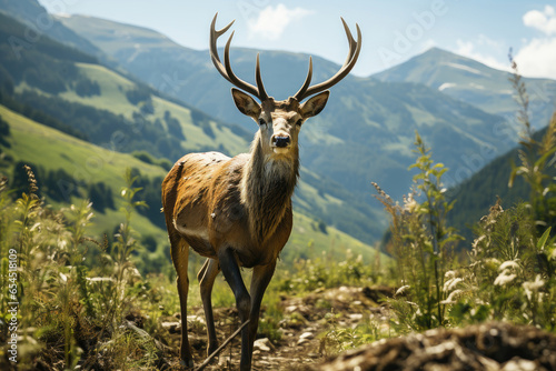 Majestic mountains  deer grazing in the summer day. 