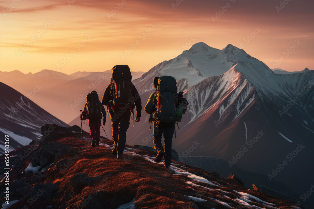 Group of hikers walking on a mountain at sunset. Beautiful mountains with snow. Active sport concept. Generative AI