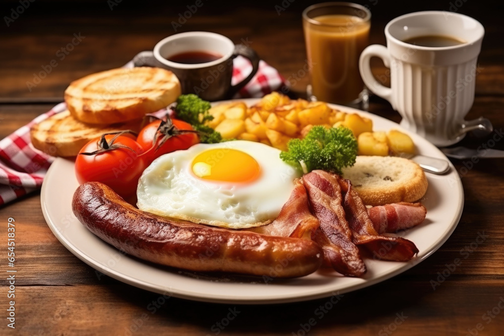 English breakfast on the white plate, eggs with liquid yolk, sausages, fork and knife, croissants, coffee with milk. Generative AI English breakfast on the white plate, eggs with liquid yolk, sausages, fork and knife, croissants, coffee with milk. Generative AI
