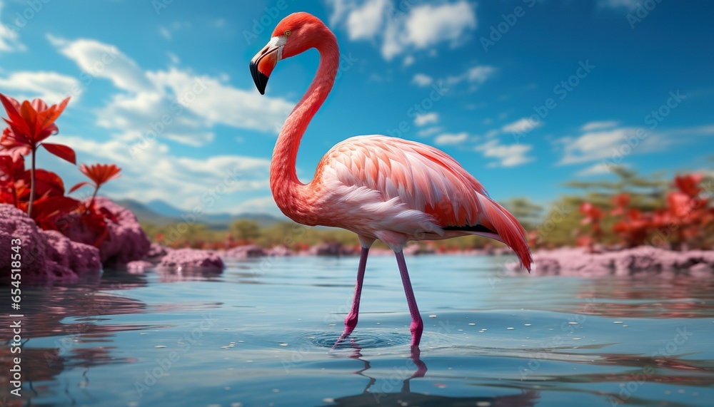 Fototapeta premium a pink flamingo standing in the water at sunset with a pink sky | Generative AI
