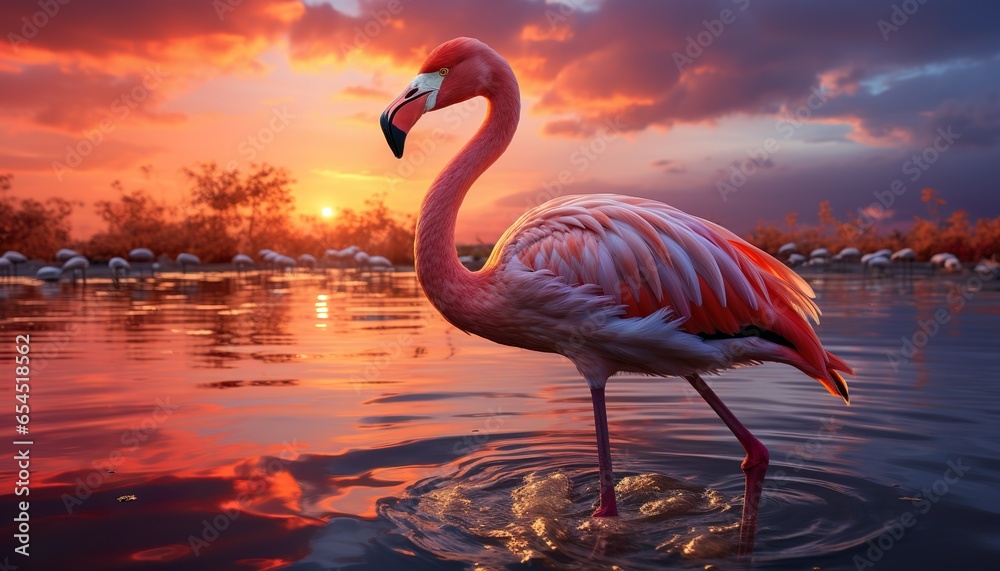 Fototapeta premium a pink flamingo standing in the water at sunset with a pink sky | Generative AI