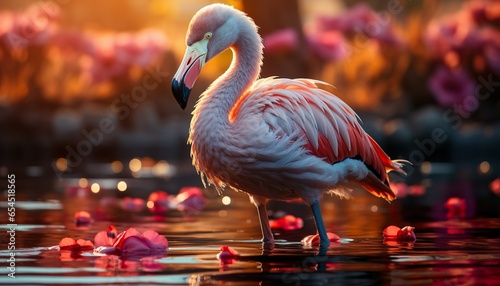 a pink flamingo standing in the water at sunset with a pink sky | Generative AI