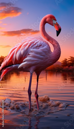 a pink flamingo standing in the water at sunset with a pink sky | Generative AI