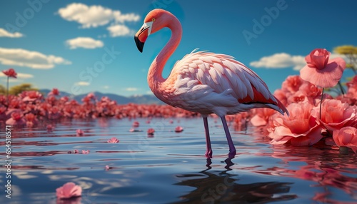 a pink flamingo standing in the water at sunset with a pink sky | Generative AI