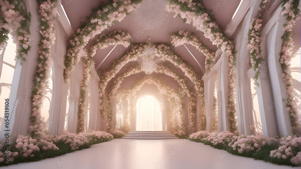 Flower archway in the middle of the room. 3D rendering