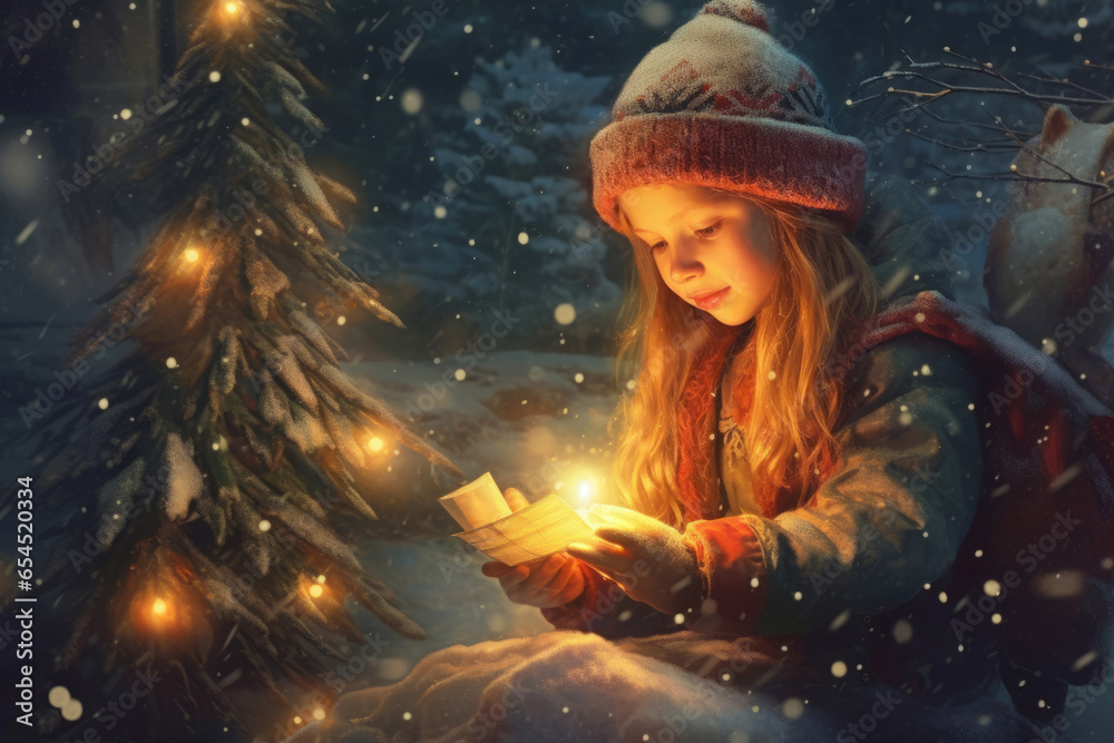 Portrait of a toddler girl in winter clothes holding a magical Christmas candle and a note with wishes, Christmas forest, Christmas magic, winter snow, white Christmas holidays. Generative AI. Portrait of a toddler girl in winter clothes holding a magical Christmas candle and a note with wishes, Christmas forest, Christmas magic, winter snow, white Christmas holidays. Generative AI.