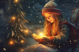 Portrait of a toddler girl in winter clothes holding a magical Christmas candle and a note with wishes, Christmas forest, Christmas magic, winter snow, white Christmas holidays. Generative AI.
