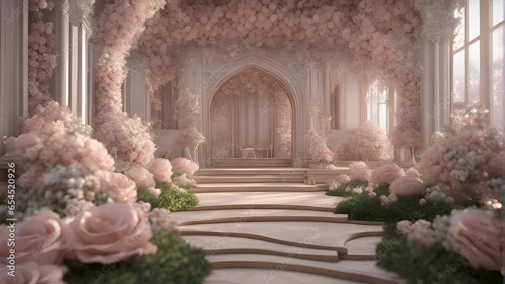 3D rendering of a stage with pink flowers in the background.