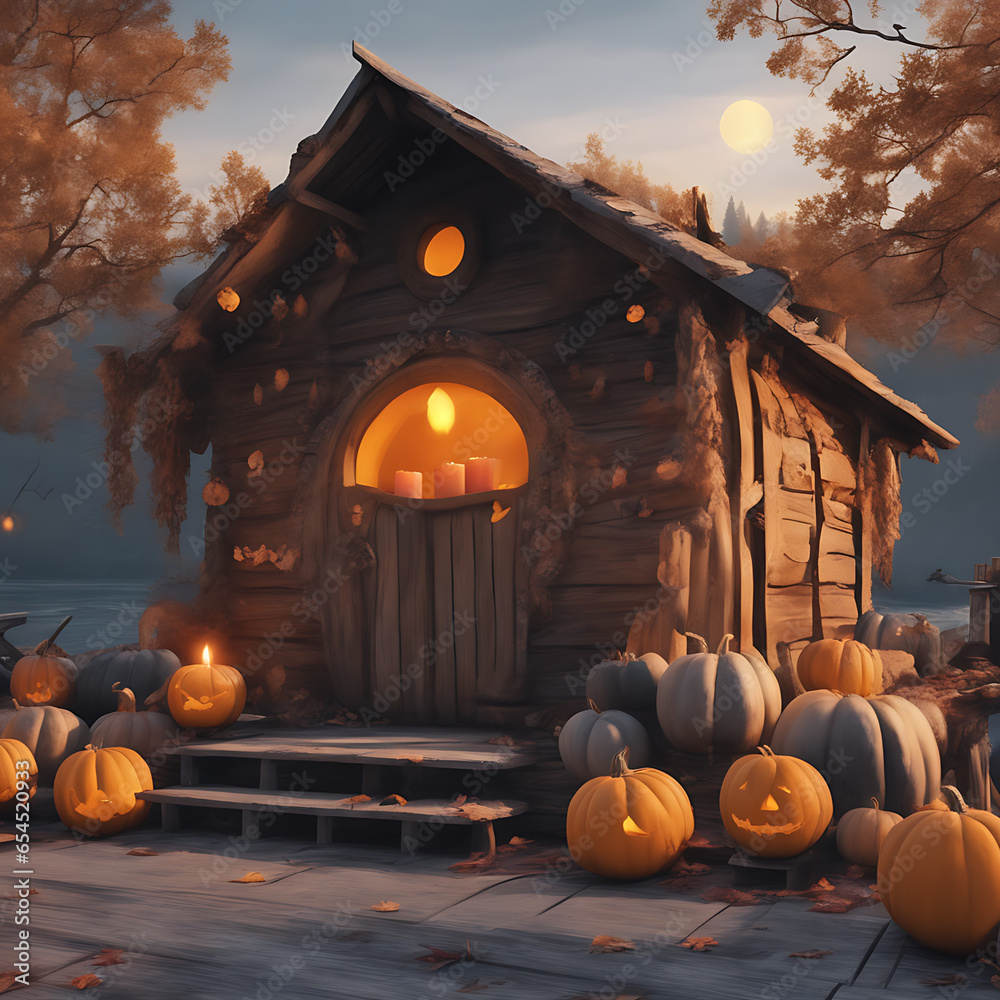 Obraz premium a pumpkin with eyeholes with candles burning in them the pumpkin stands on the porch of the hut