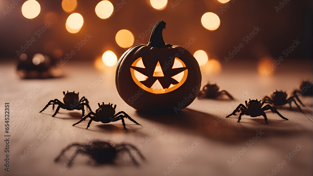 Halloween decoration with spiders and pumpkins on wooden table with bokeh lights - obrazy, fototapety, plakaty 