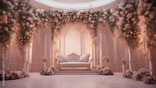 Wedding arch decorated with flowers and a white sofa. 3d rendering