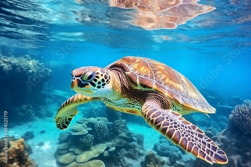 sea turtle swims under water on the background of coral reefs © haallArt