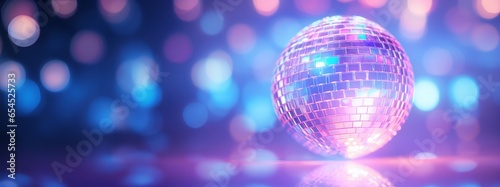 Shiny disco-ball in purple-blue. Music, dance, show, party, Tech concept. Neon lights with reflection, bokeh background. Copy space. AI generated digital design. 