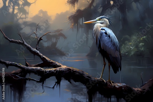 heron in the water in the style of Chinese painting photo