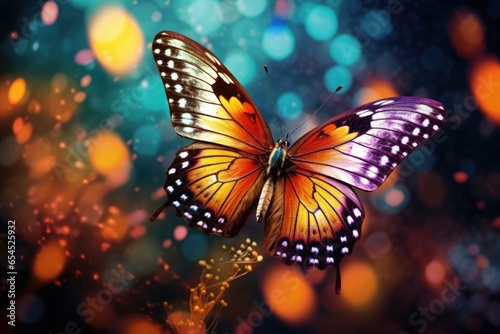 Closeup of a butterfly taking off with colorful wings