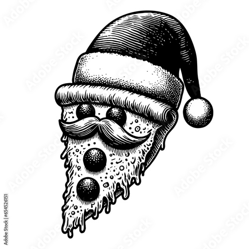 pizza slice with a mustache and funny face wearing a Santa Claus hat Christmas sketch