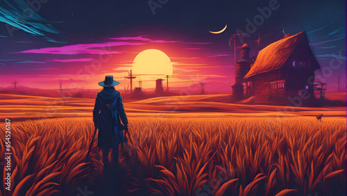 Illustration of a man walking in a wheat field at sunset.