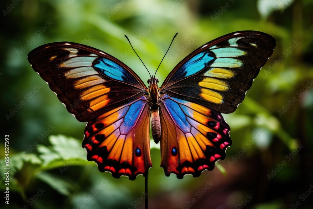 Closeup of a butterfly taking off with colorful wings Closeup of a butterfly taking off with colorful wings