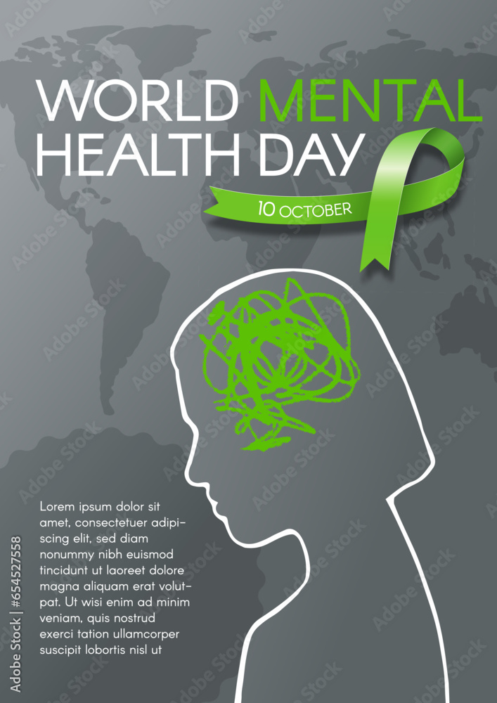 World Mental Health Day. Vertical banner with green ribbon, a woman's silhouette, and text. Vector flat illustration.