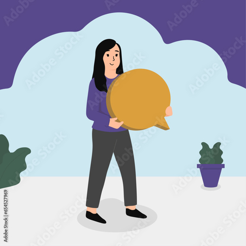 Holding a conversation bubble, talk, comment, mental health