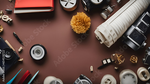 Flat lay composition with camera and accessories on brown background. top view