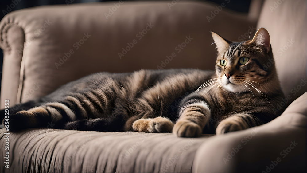 Beautiful tabby cat lying on a sofa in the living room