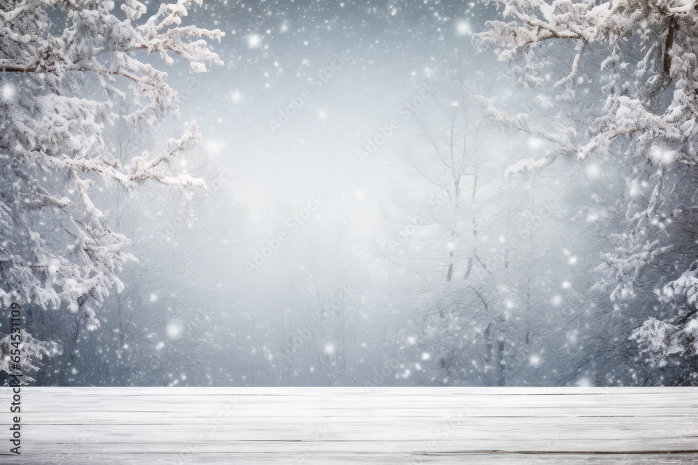 Fototapeta premium Christmas background. Winter landscape with snowdrifts and tree branches in hoarfrost