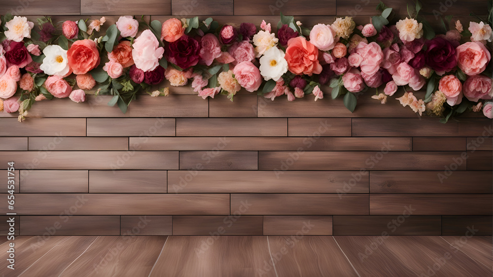 Flower wreath on a wooden wall background with copy space.