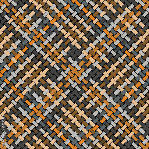 Seamless repeating pattern. Abstract woven fabric with multicolored crossed diagonal lines on a black background. Geometric weft texture with a tartan design. Decorative vector illustration.
