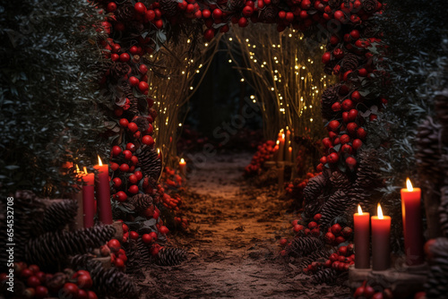 Candlelit Pathway With Pinecones And Red Berries photo