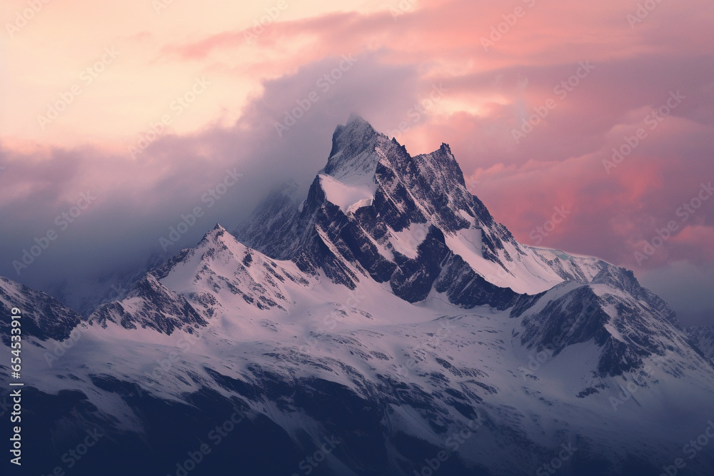 Snowy Mountaintops Against A Muted Evening Sky