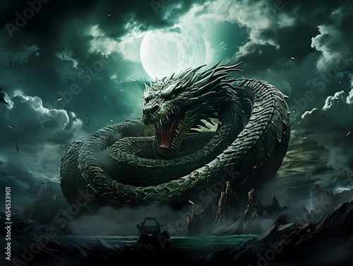 Shadow Serpent: Jörmungandr, the World Serpent Norse mythology, with Body of Swirling Shadows and Glowing Orb Eyes – Perfect for Dark Fantasy and Mythology Themes - Epic Battle Illustrations