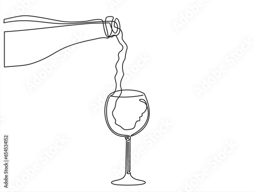 The process of pouring wine into a glass. Pours champagne from a bottle into a glass. Line art, vector continuous line drawing. Black and white illustration. Christmas, New Year holiday