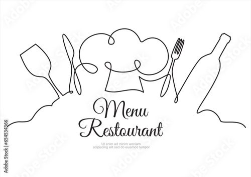 Continuous one single line drawing of fork, knife, bottle of wine, glass and chef hat or cap . Menu food design. Illustration with quote template. Can used for menu restaurant sketch