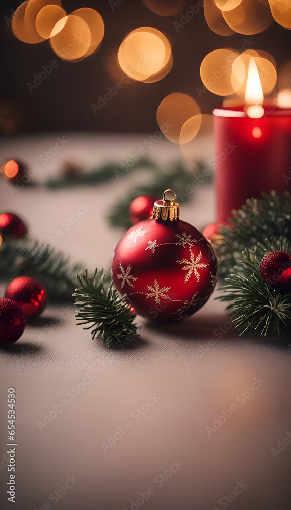 Christmas background with red balls. fir branches. candles and bokeh