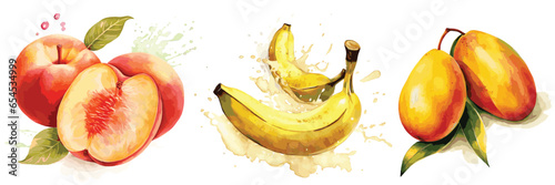 Set of watercolor Fruit. Hand drawn, hand painting on paper. Colorful set of fruit with paint splashes. Isolated on white background watercolour vector illustrations. Peach, banana, mango