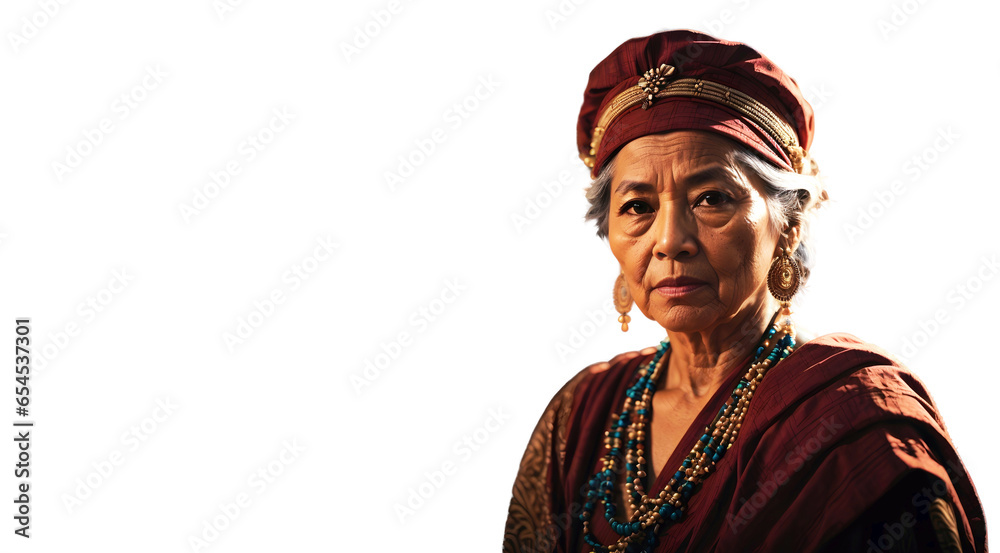 Obraz premium Portrait of elderly wise woman, tribe leader, confident in traditional clothing style, background, banner with copy space text isolated on transparent background