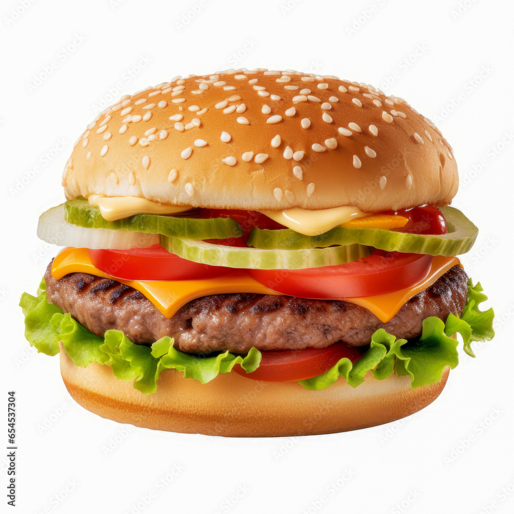 Very colorful burger on white background