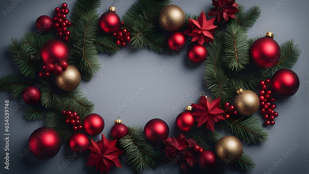 Christmas wreath with red baubles and pine branches on dark background