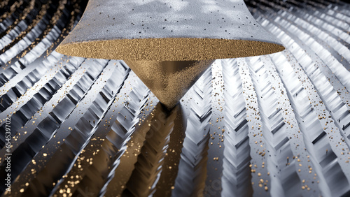 3d render of extreme close up of a turntable stylus and vinyl record groove.