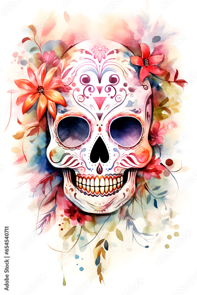 Fototapeta premium Dead day party, sugar skull or halloween holiday. Traditional mexican music festival. Halloween Dia De Los Muertos Celebration. Created with generative
