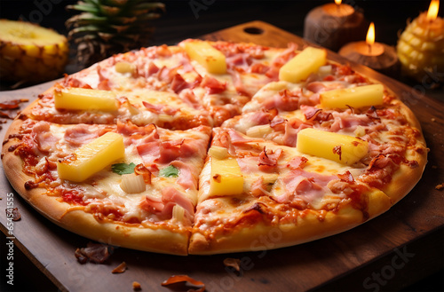 Hawaiian pizza made of tomato sauce, mozzarella cheese, ham, and pineapple chunks photo