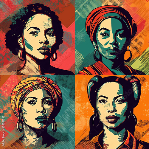 Colorful illustration portrait of black women. Black woman illustrations. AI art pop generated image. 