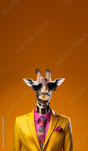 Cool looking giraffe wearing funky fashion dress - jacket, shirt, tie, sunglasses. Vertical banner with copy space above. Stylish animal posing. Generative AI © Lubo Ivanko