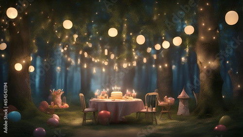 3D rendering of a fairy tale scene in the forest with a table and chairs