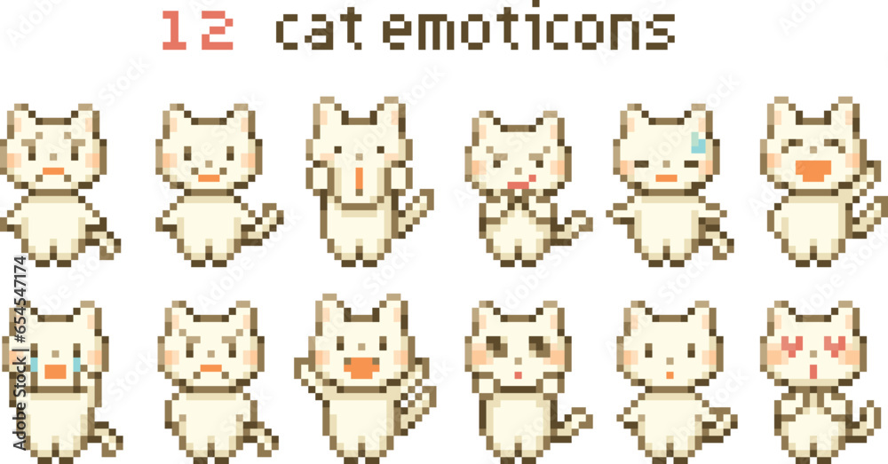 Fototapeta premium <Pixel art>かわいい子猫の１２の感情のアイコンセット（ドット絵ベクター素材