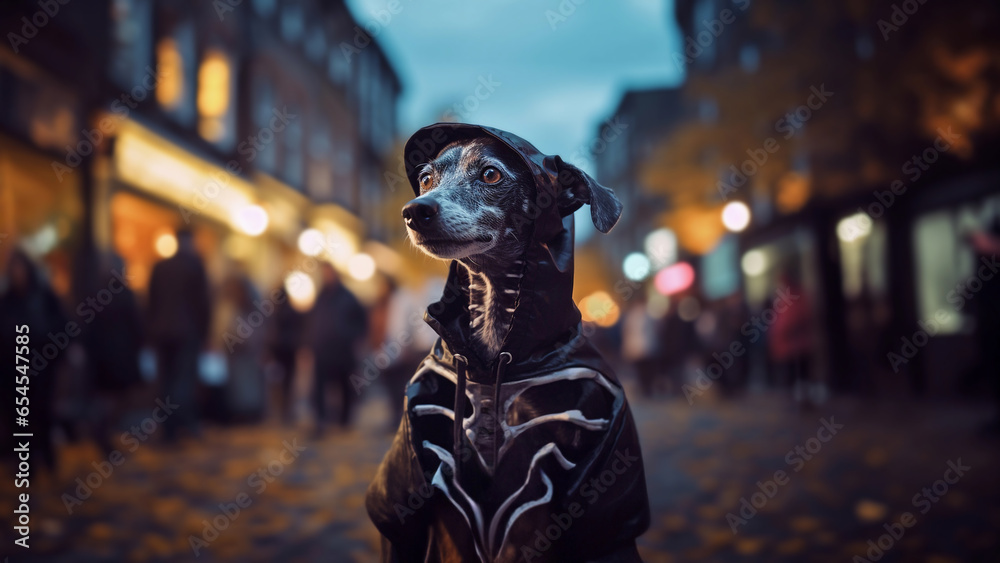 Obraz premium Close-up portrait of small cute dog dressed in black-white skeleton costume, sitting on an autumn holiday street for Halloween. Funny animal clothes. Dogs in costumes. Festive cheerful atmosphere