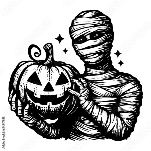 Fotobehang mummy holding a Halloween pumpkin funny sketch