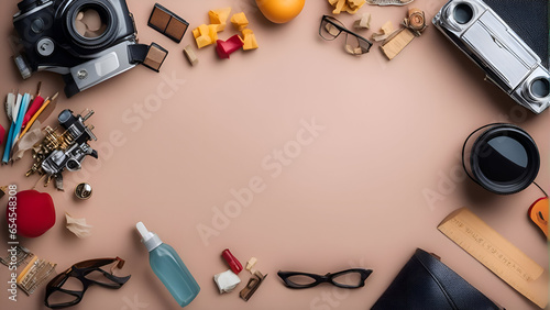 Flat lay composition with photographer's accessories on beige background.